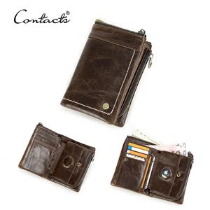 CONTACTS Genuine Leather Men Bifold Wallet RFID Card Holder with Anti-lost Airtag Design Wallet Zipper Male Clutch Coin Purse