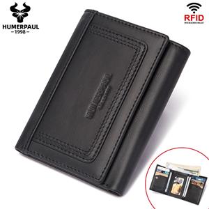 Humerpaul Genuine Leather Men Wallet RFID Blocking Mini Clutch Card Holders Luxury Tri-fold Short Money Bag With Zip Coin Purse