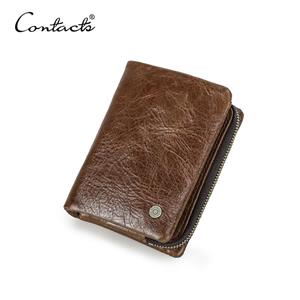 CONTACTS Genuine Leather Short Wallet Men RFID Bifold Wallet With Card Holder Zipper Male Coin Purse