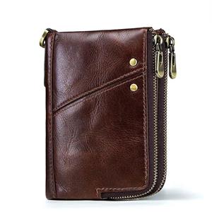 Heng Huang Men's Leather Wallet Short RFID Double Zipper Vertical Fashion Casual Purse