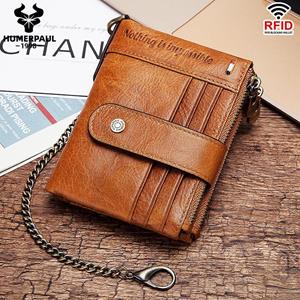 HUMERPAUL Genuine Leather Men Wallets RFID Slim Bifold Hasp Short Male Purse Coin Pouch Multi-functional Cards Wallet Chain Bag Quality