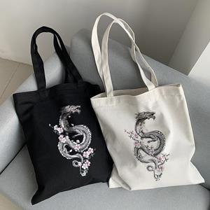 Aidegou32 Gothic dragon canvas bag Harajuku hip-hop women's shoulder bag casual large-capacity Vintage cartoon handbag dark shopper bags