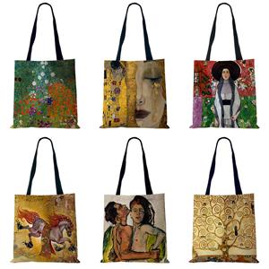 Aangepaste olieverfschilderij tranen linnen doek tote tassen voor vrouwen Gustav Klimt Ladise Fashion Handtas grote capaciteit winkelen totes