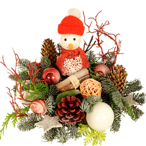 Boeketcadeau Kerststuk wit rood met sneeuwpop versturen