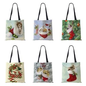 Colorful Bag Kerstsok Kat Print Shopping Tassen Leuke Opvouwbare Herbruikbare Aanpassen Tote Schoudertas Anvas Handtassen Voor Vrouwen Dame