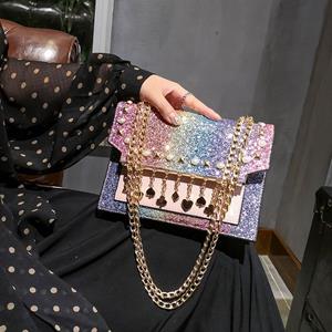 Sparkling Stars Fashionable sequin chain messenger small bag tassel gradient color small square bag