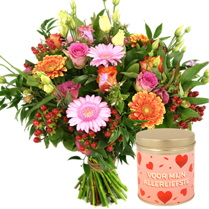 Boeketcadeau Moederdag boeket roze oranje + blikje allerliefste met hartjes snoep