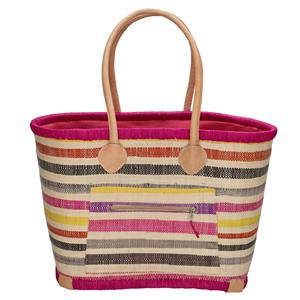 PE Florence Raffia Rieten Mand fuchsia gestreept