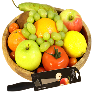 Boeketcadeau Een mahonie schaal met gezond fruit + stevig fruitmes