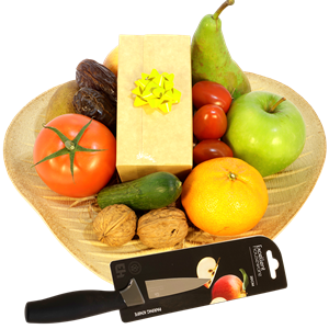 Boeketcadeau Fruit met bonbons + stevig fruitmes