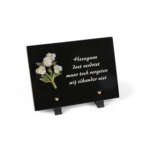 Gedenkartikelen Gedenksteen 18x25cm met bronzen bloemen: Heengaan doet verdriet
