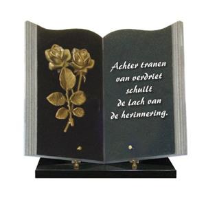 Gedenkartikelen Gedenksteen Boek 35x30cm met bronzen roos