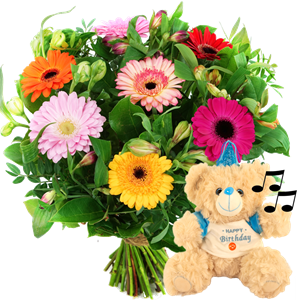 Boeketcadeau Verjaardag boeket + happy birthday knuffel