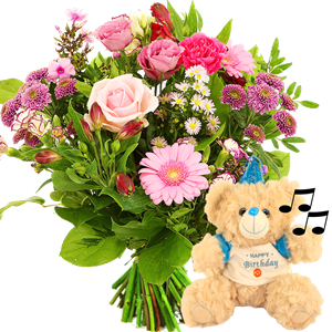 Boeketcadeau Verjaardags boeket met Happy birthday knuffel