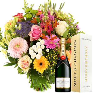 Boeketcadeau Boeket pastel - bont + Champagne Moet Happy birthday