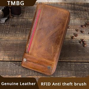 TongMeng Bag Supplies Retro Crazy Horse Koeienhuid Mannen Lange Portemonnee RFID Anti Diefstal Borstel Geldzak Bi-fold Rits Wisselzak Portemonnee voor Jongen Vriend Echtgenoot Vakantiecadeaus