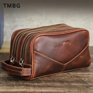 TongMeng Bag Supplies Vrije tijd Toplaag Koeienhuid Heren Handtas Retro Crazy Horse Lederen Portemonnee Multi Functioneel Echt Leer Dubbele Rits Toilettas voor Vaderdag Cadeau zwart