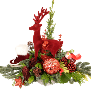 Boeketcadeau Kerststuk met rood fluweel hert