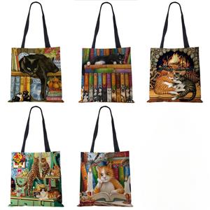 VIA ROMA Aanpassen van olieverfschilderij Cat Print Womens Designer Tote Bags Linnen Herbruikbare boodschappentas voor boodschappen Schoudertassen voor Lady 2020