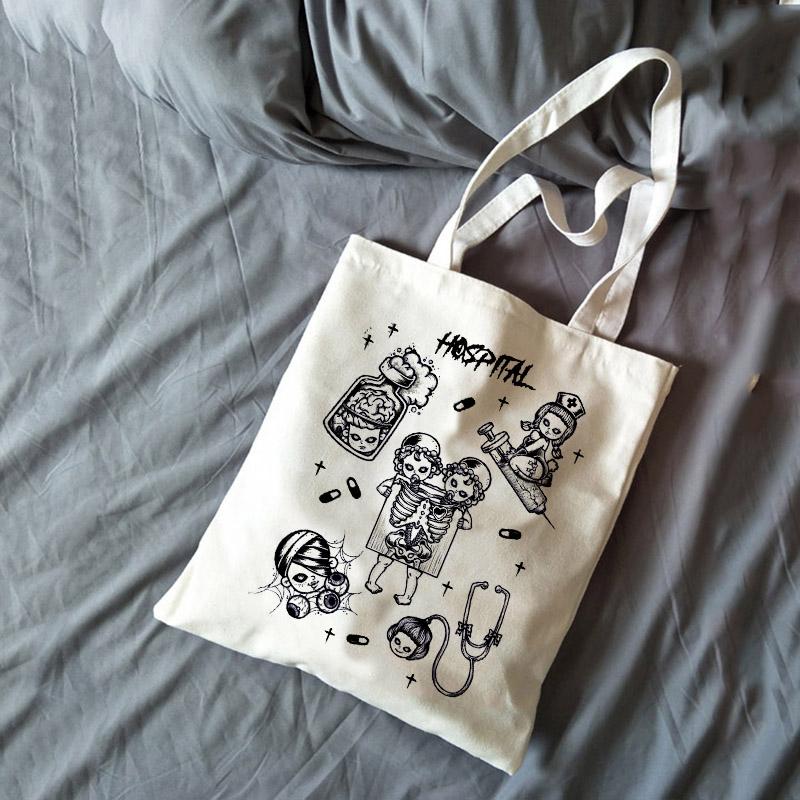 Iaidegou-1 Gothic Harajuku Witte Vintage Canvas Tas Horror Fuunny Cartoon Print Grote capaciteit Shopper Handtas Mode Casual Schoudertas 24*26cm