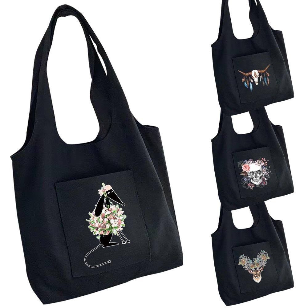 Aidegou15 Opvouwbare damestas Shoppertas Reistas Canvas tas Messenger schoudertas Bedrukte Tote tas Boodschappentassen voor dames 32*35cm zwart