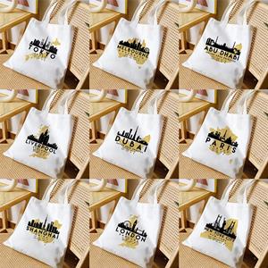 Aidegou15 Wereldberoemde plaatsen Dames Canvas Handtas Architectuurtekening Tote Bag Travel Shopper Bag Leisure Shopping Schoudertas Herbruikbaar 24*26cm