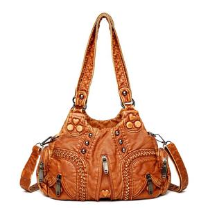 JINBAOSEN BAG Gewassen pu-leer damesschoudertas modeontwerp knop klinknagel geweven crossbody tas vintage grote handtas vrouwelijke reistassen China zwart