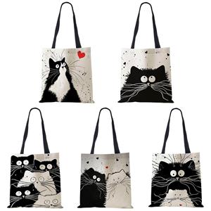 VIA ROMA Aangepaste draagtas boodschappentas Leuke kat afdrukken Dames handtas Linnen bakken met printlogo Casual reizende strandtassen