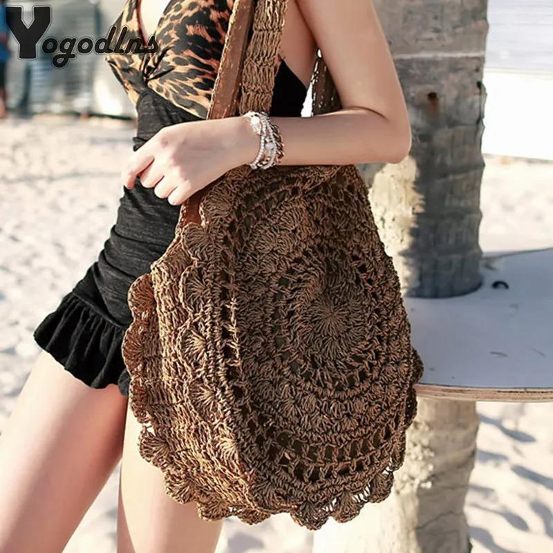 Ambiel Charm Boheemse strozakken voor vrouwen Cirkel strandhandtassen Zomer rotan schoudertassen Handgemaakte gebreide reistas Grote tassen Nieuw beige