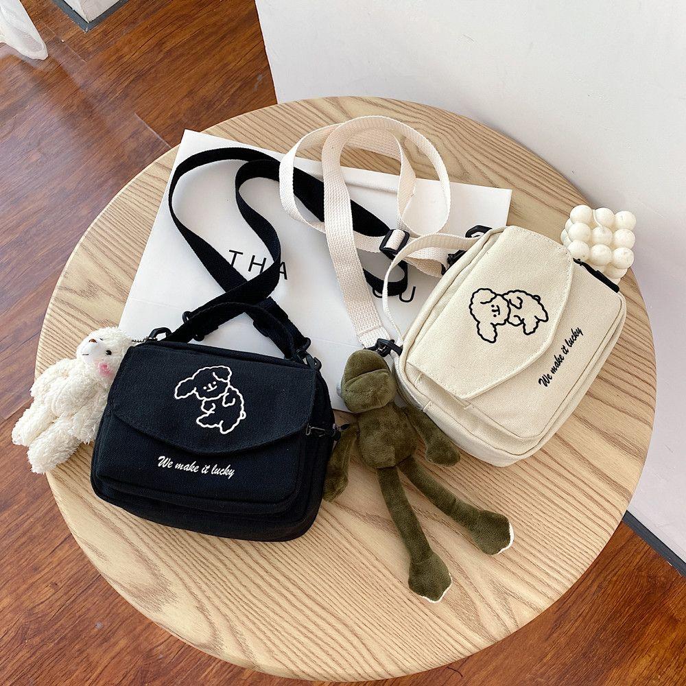 Leather bag Dames Mode Canvas Kleine Vierkante Tas Koreaanse Versie Multifunctionele Schattige Hond Een-schouder Diagonaal Mobiele Telefoon Pakket wit