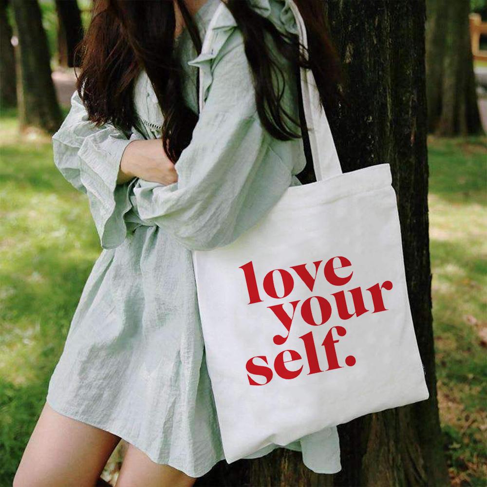 Aidegou20 Herbruikbare boodschappentas Tote Canvas tas Shopper Schoudertassen Love Yourself Eco Leraar Student Boekentas Reiscadeau Stoffen handtas 24*26cm