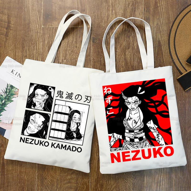 Aidegou17 Tanjiro Nezuko Demon Slayer Canvas Tas Harajuku Vrouwelijke Kimetsu Geen Yaiba Boodschappentas College Originele Schoudertas Dagelijks Gebruik 24*26cm