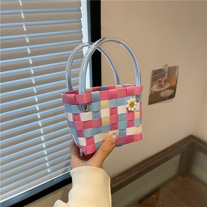 JINBAOSEN BAG 2024 Mini Handtas Instagram Zoete 3D Bloem Plastic Geweven Mand Modieuze en Eenvoudige Contrasterende Kleur Handtas
