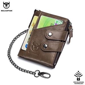 BULLCAPTAIN Kwaliteit Echt Leer Heren Portemonnee Merk Rits Man Portemonnee Vintage Koe Lederen Mannelijke Kaart Munttas met Ijzeren Ketting bruin