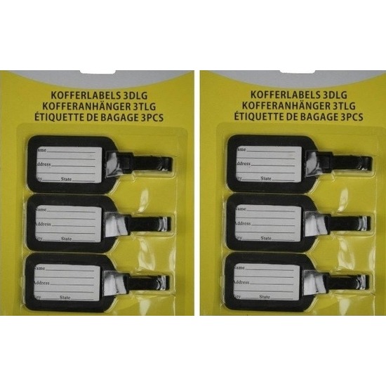 Merkloos 2x Kofferlabel / bagagelabel set van 3 stuks zwart -
