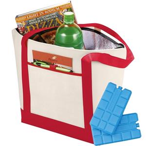 Shoppartners Rood/naturel draag koeltas met 4x koelelementen set -