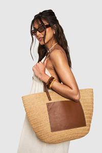 Boohoo Contrasterende Raffia Tote Bag Met Pu Detail, Tan