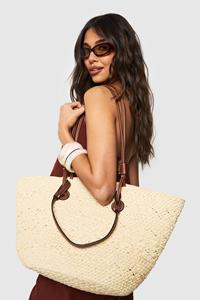 Boohoo Raffia Shopper Tote Bag Met Pu Bandjes, Natural