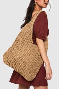 Boohoo Slobberige Raffia Schoudertas, Natural Beige