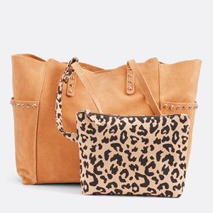 LA REDOUTE COLLECTIONS Handtas in soepel leer, pockettasje met luipaardprint