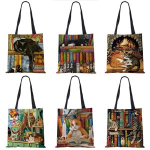 Sports Trend Bag Aanpassen van olieverfschilderij Cat Print Womens Designer Tote Bags Linnen Herbruikbare boodschappentas voor boodschappen Schoudertassen voor Lady 2020
