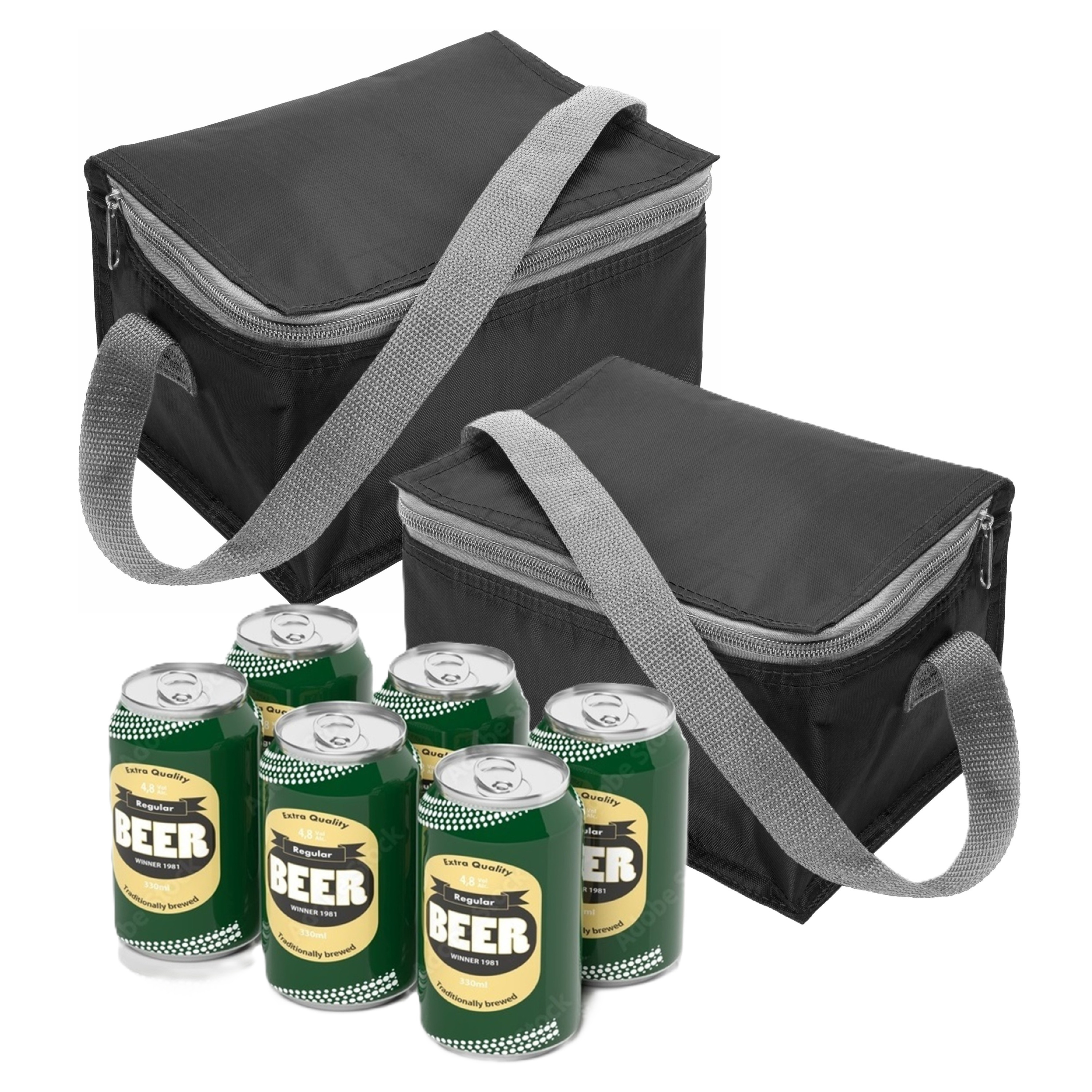 Merkloos Kleine mini koeltas voor lunch of sixpack blikjes - 6x - zwart - 21 x 15 x 13 cm - draagriem -