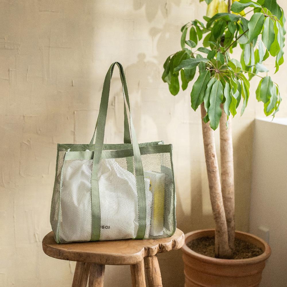 CC TOY Leuke grote multifunctionele mesh ademende tas voor vrije tijd, opbergtas met grote capaciteit, boodschappentas, thuisorganizer paars