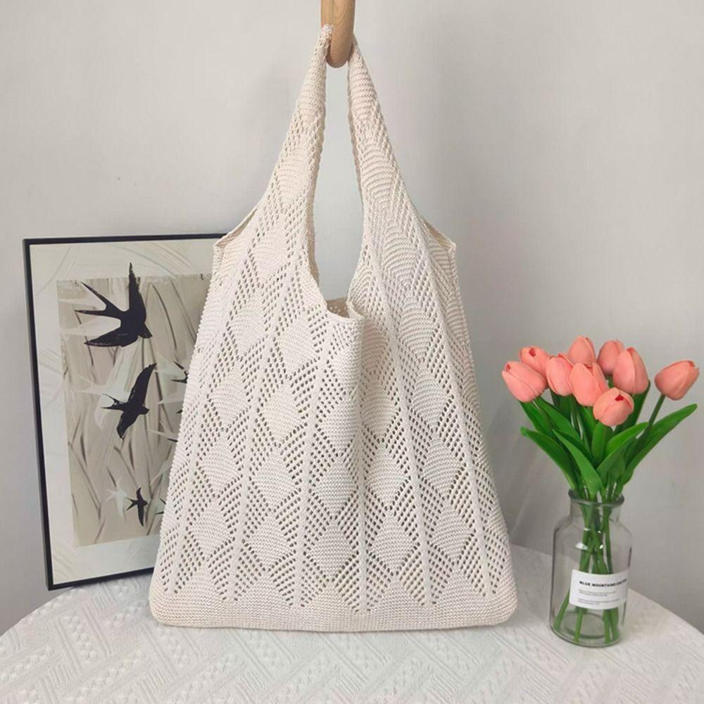 Shunhong Bohemian style Hollow Knitted Tote Bag Foldable Reusable Grocery Bag Woven Shopping Bag  Travel roze