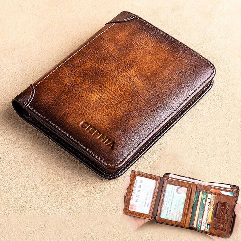 Khalesex Echt lederen RFID-portemonnees voor heren Vintage dunne korte multifunctionele ID creditcardhouder geldzak zwart