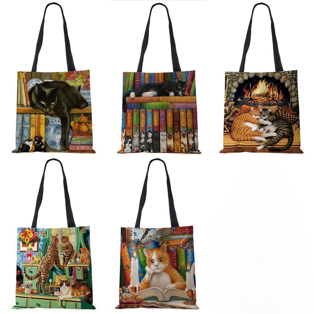 VIA ROMA Aanpassen van olieverfschilderij Cat Print Womens Designer Tote Bags Linnen Herbruikbare boodschappentas voor boodschappen Schoudertassen voor Lady 2020