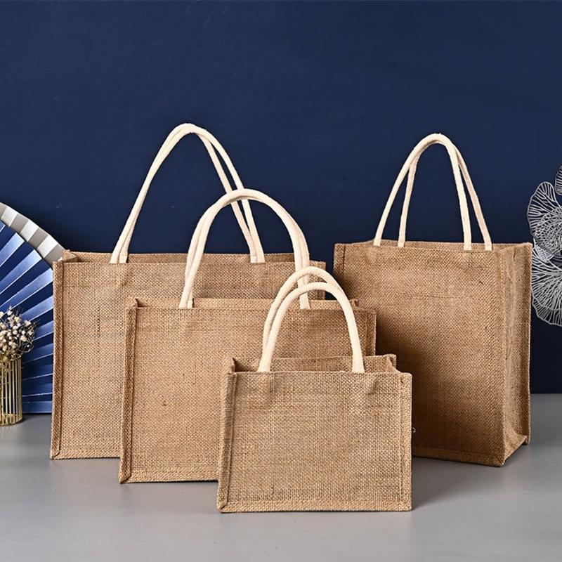 Max-bestprice Vrouwen Grote Capaciteit Herbruikbare Handtas Blank Jute Tote Jute Strand Boodschappentas met Handvat Reis Opberg Organizer 25*29*15cm