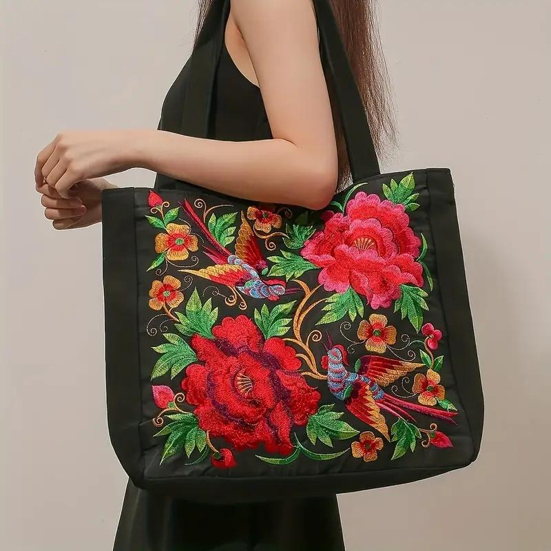 Yogodlns canvas draagtas met bloemborduurwerk, schoudertas in etnische stijl, handtas met grote capaciteit voor dames 35x9x35cm blauw