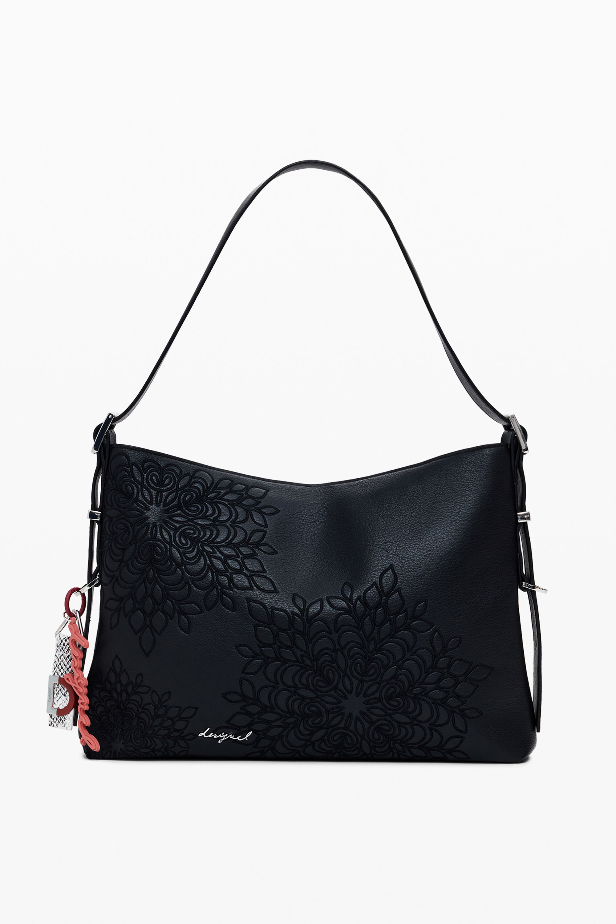 Desigual Middelgrote tas met borduursels in leerlook - BLACK