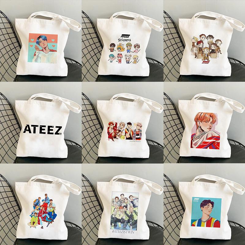 Iaidegou-4 Shopper Tas Korea Ulzzang ATEEZ Kpop Combinatie Hip Hop Hipster Print Boodschappentassen Eco Canvas Fans Draagtas Pacakge Handtas 34*42cm